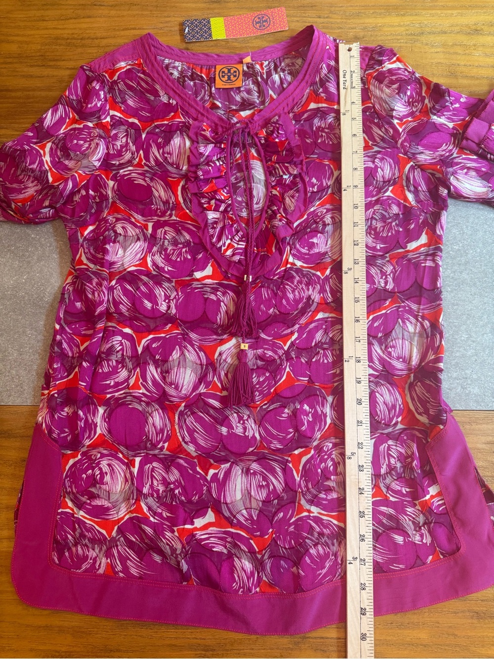 Tory Burch Gwenna Wild Orchid Silk Tunic Top Size 12 - Picture 10 of 16